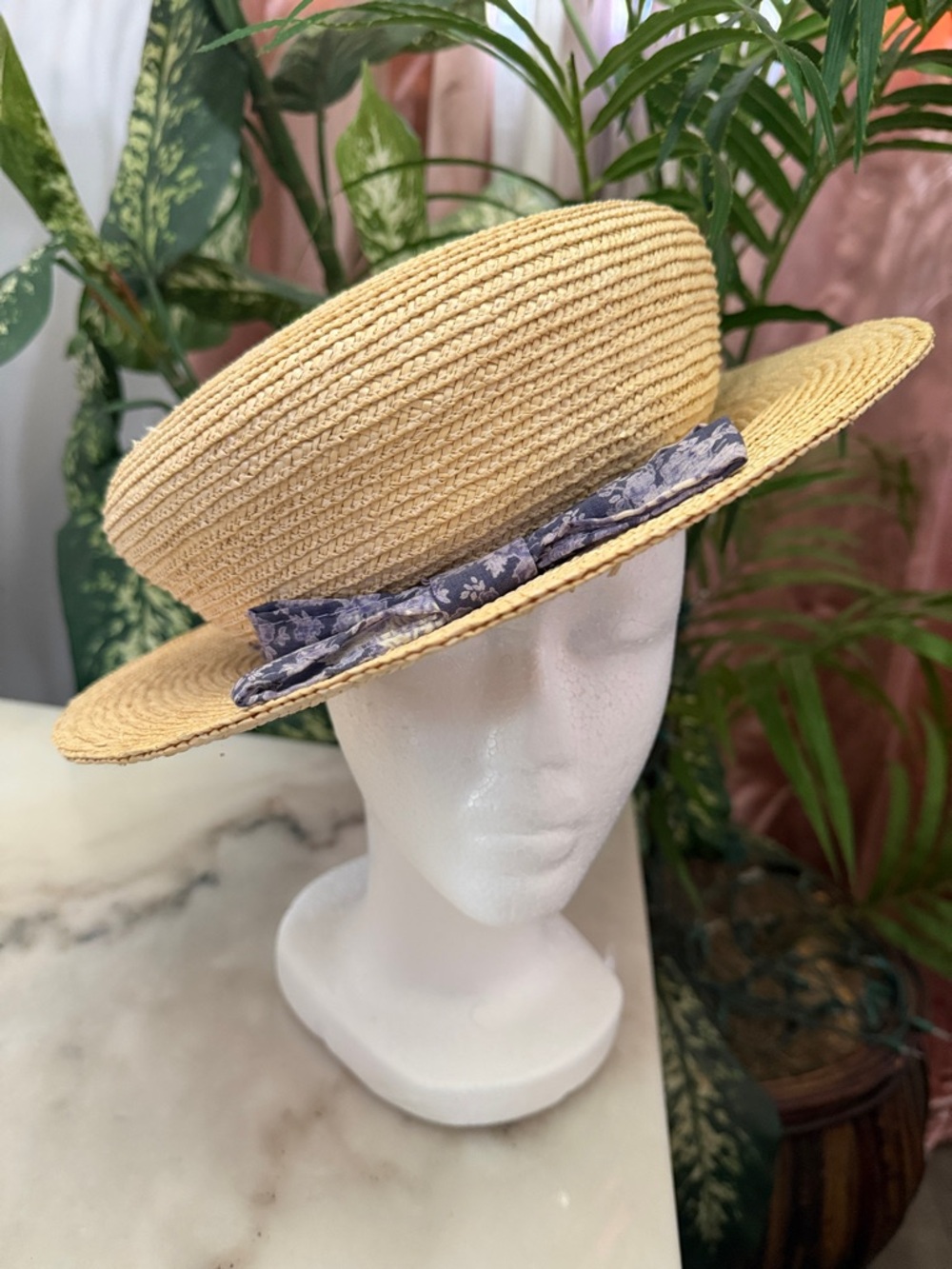 April Cornell Vintage Natural Straw Boater Hat with Blue Floral Bow